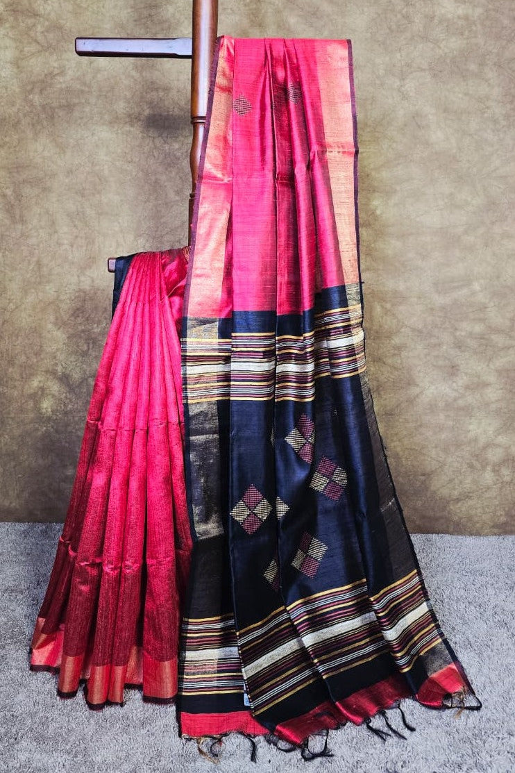 Handloom Silk Saree in Rich Red & Black with Intricate Hand Thread Work
