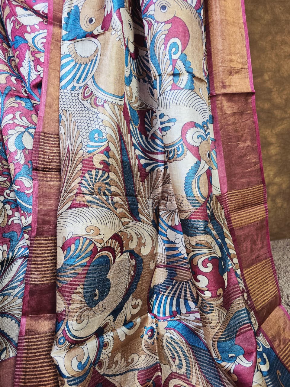Art-Inspired Magenta-Blue Kalamkari Handloom Silk Saree