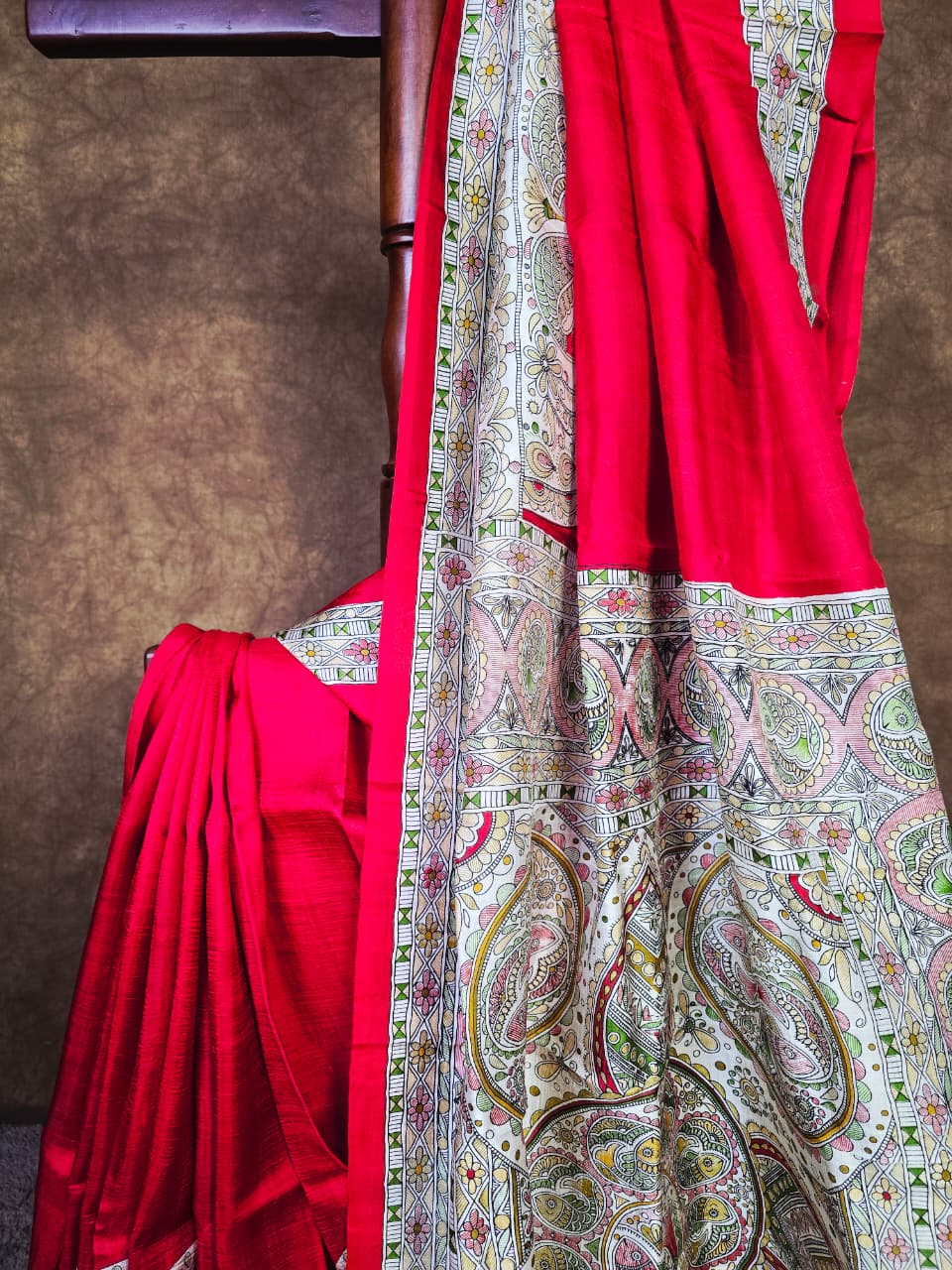 Vibrant Red Handloom Silk Saree with Artistic Hand-Painted Detailing