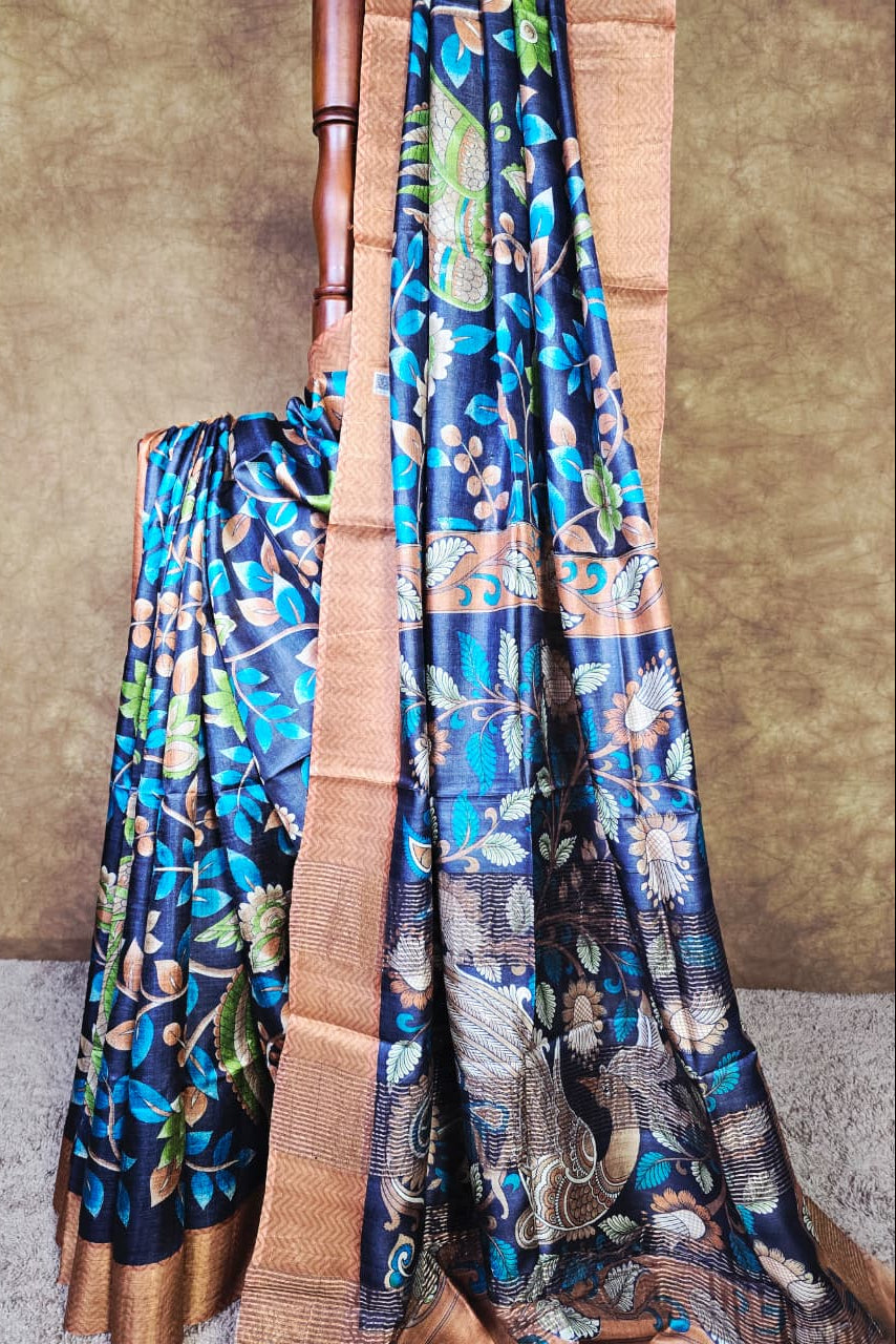 Handloom Silk Kalamkari Saree in Deep Navy & Earthy Tones – Artistic, Bold & Stylish