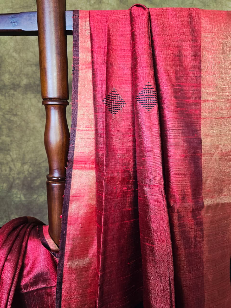 Handloom Silk Saree in Rich Red & Black with Intricate Hand Thread Work
