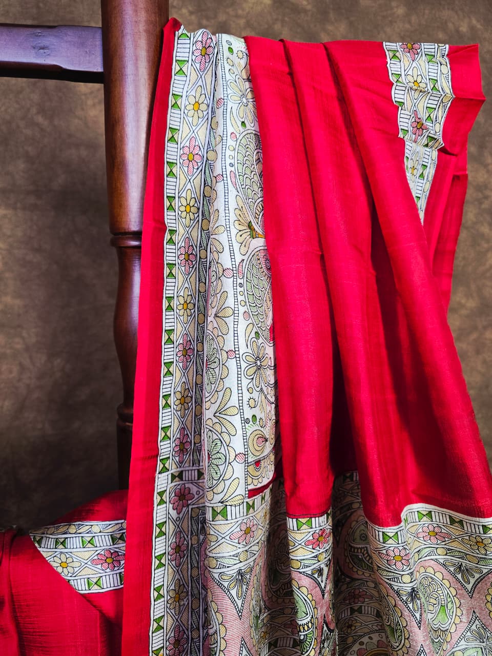 Vibrant Red Handloom Silk Saree with Artistic Hand-Painted Detailing