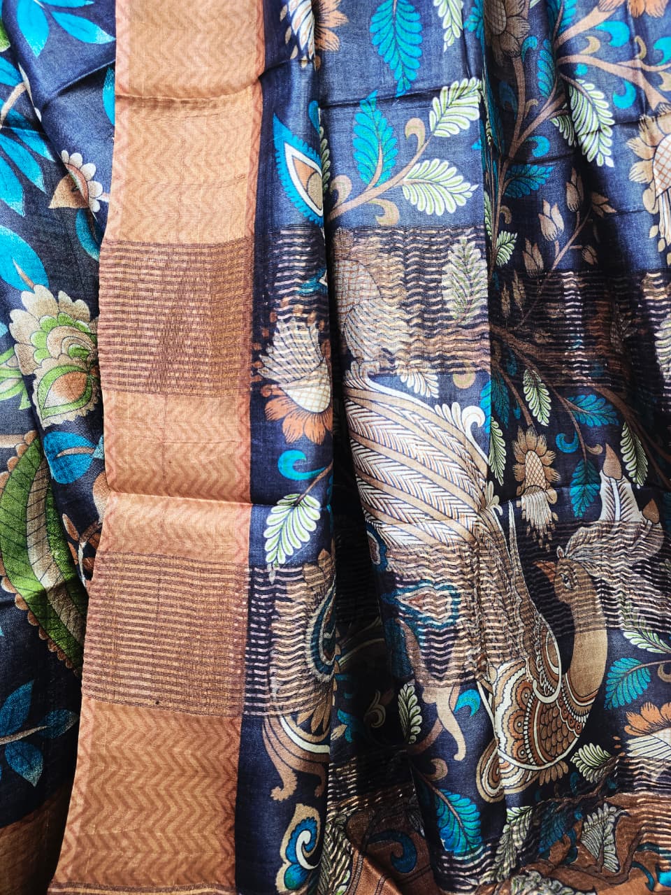 Handloom Silk Kalamkari Saree in Deep Navy & Earthy Tones – Artistic, Bold & Stylish
