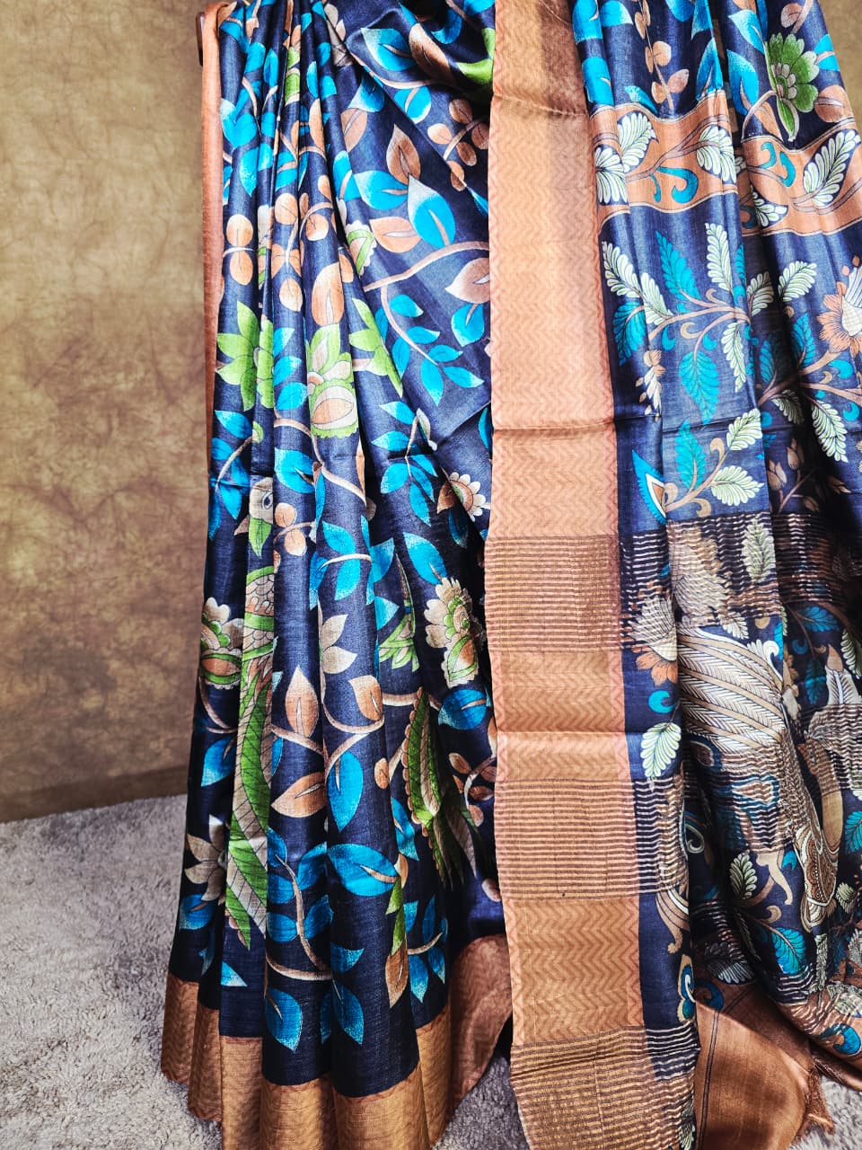 Handloom Silk Kalamkari Saree in Deep Navy & Earthy Tones – Artistic, Bold & Stylish
