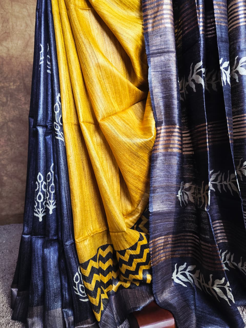 Handloom Silk Saree in Charcoal Grey & Mustard – Modern Ethnic Charm