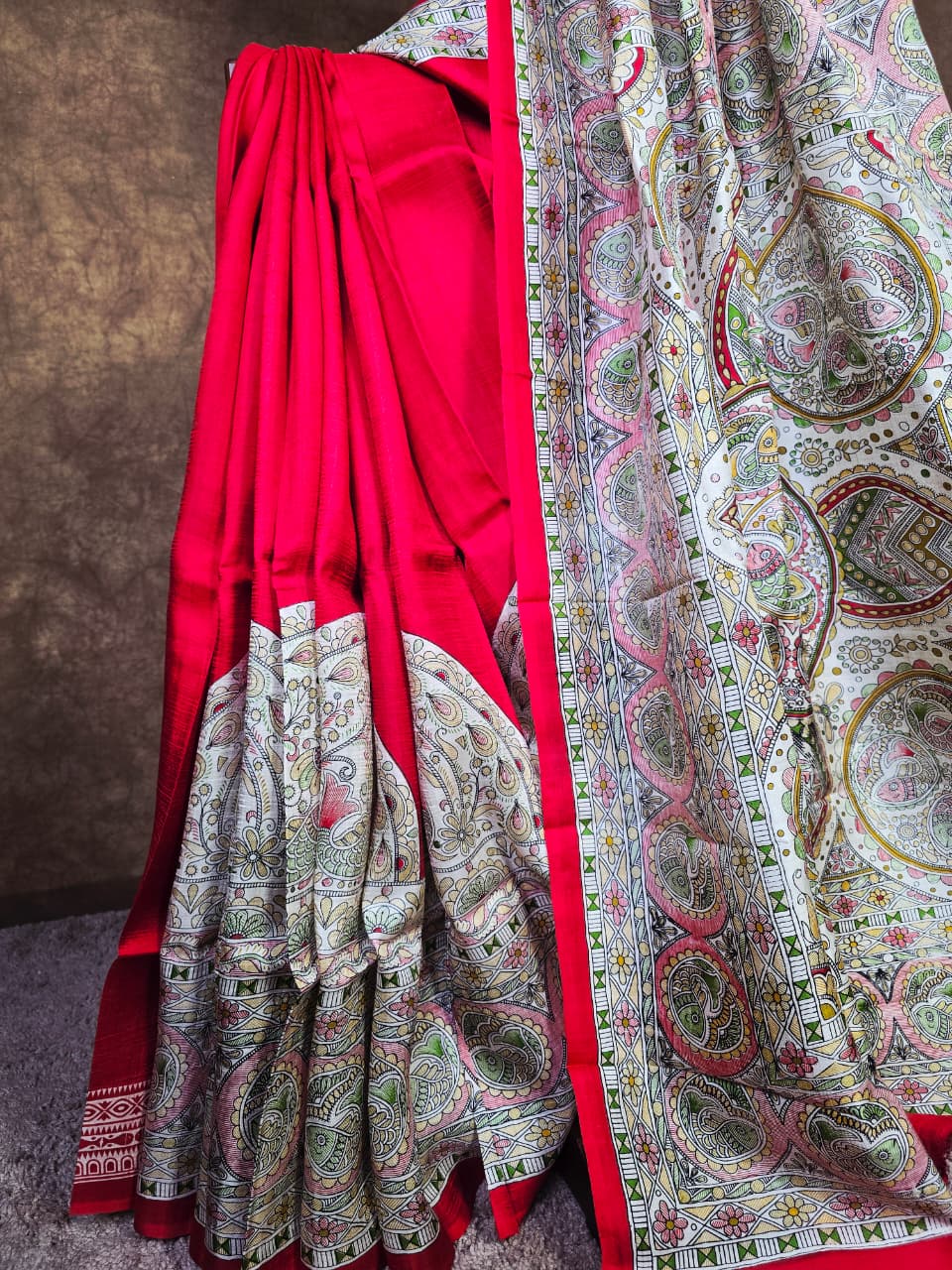 Vibrant Red Handloom Silk Saree with Artistic Hand-Painted Detailing