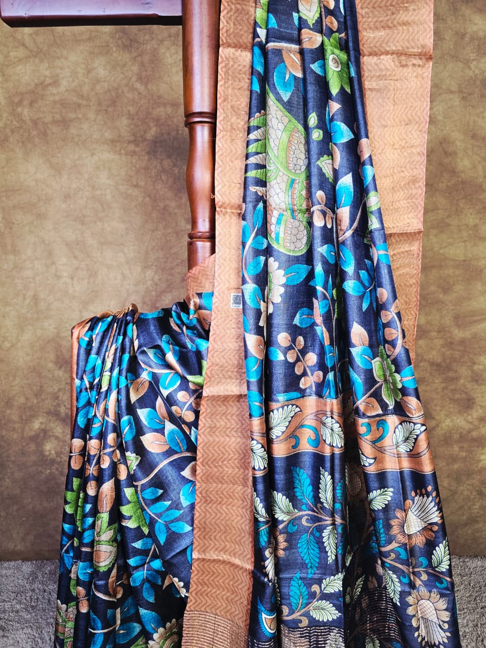 Handloom Silk Kalamkari Saree in Deep Navy & Earthy Tones – Artistic, Bold & Stylish