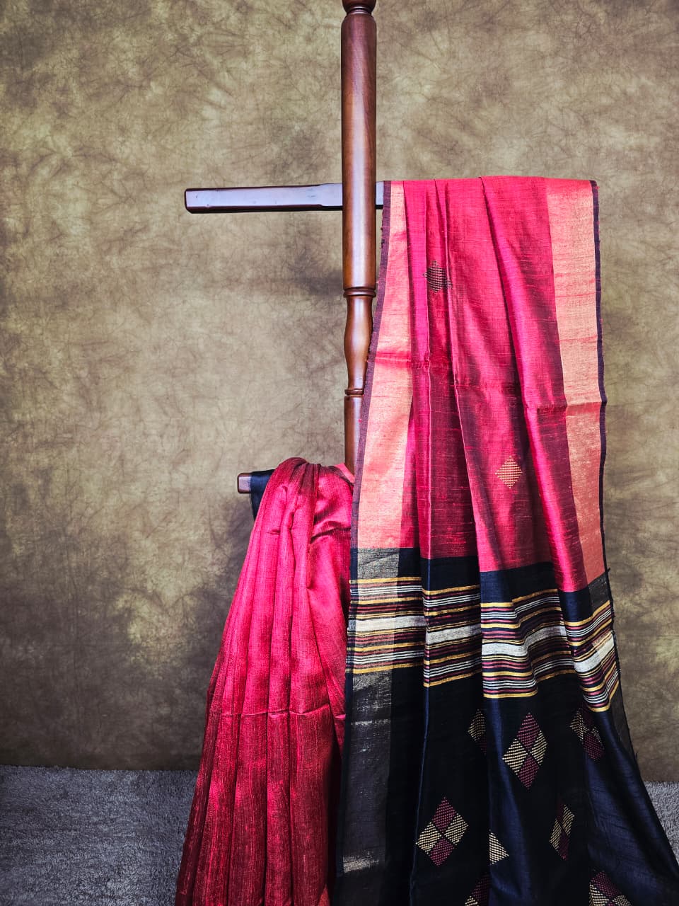 Handloom Silk Saree in Rich Red & Black with Intricate Hand Thread Work