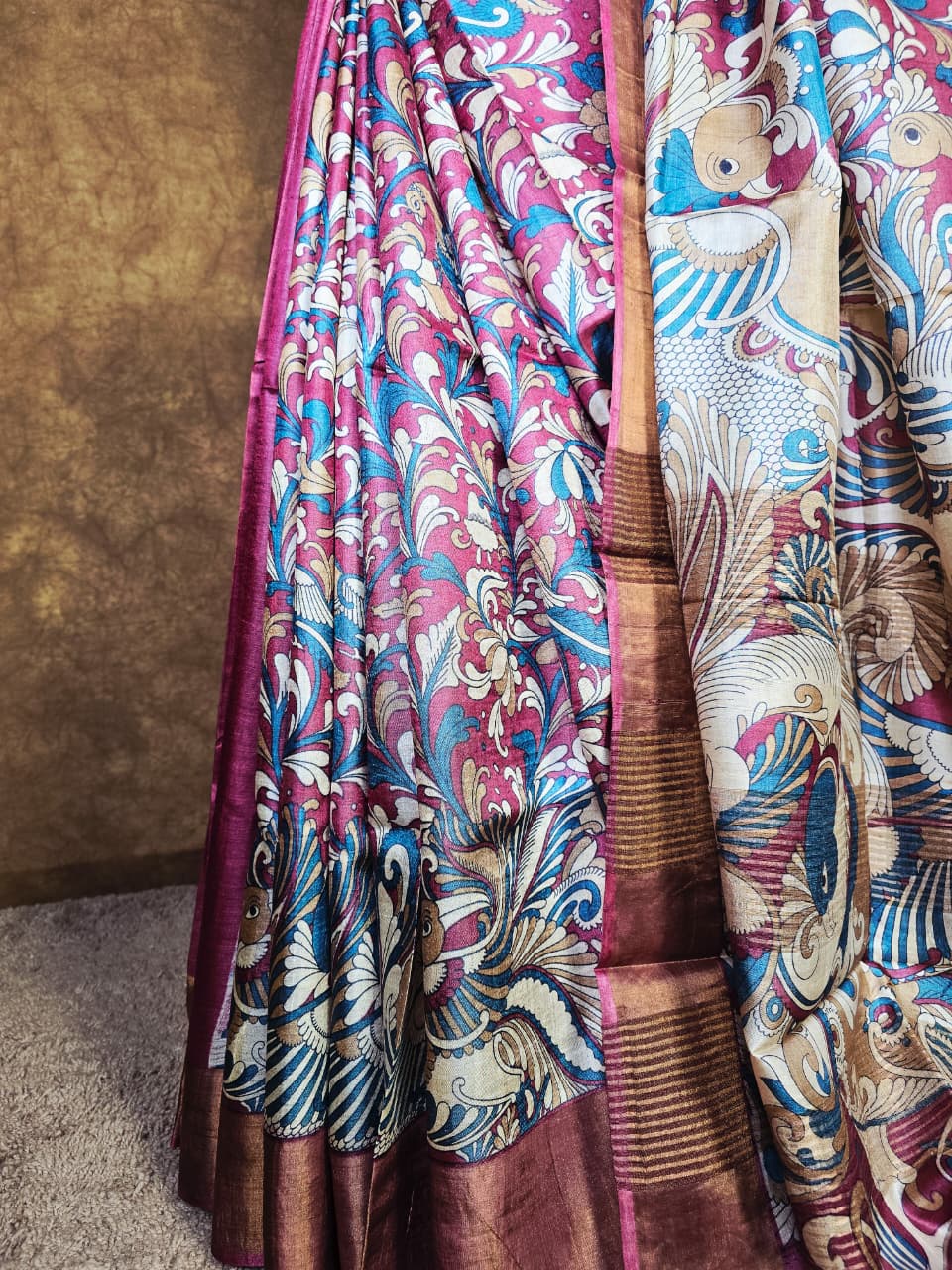 Art-Inspired Magenta-Blue Kalamkari Handloom Silk Saree