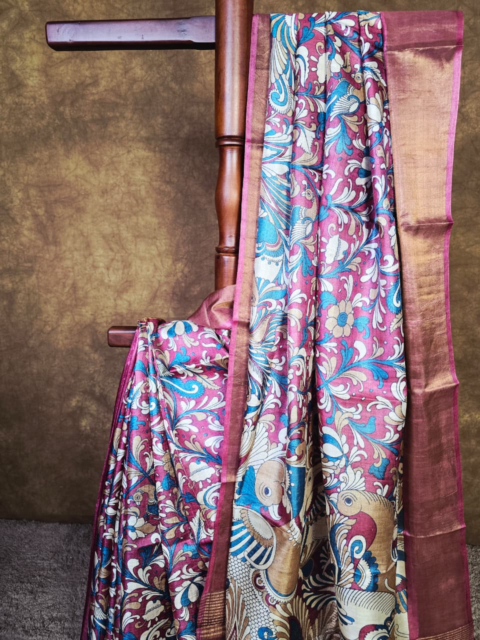 Art-Inspired Magenta-Blue Kalamkari Handloom Silk Saree