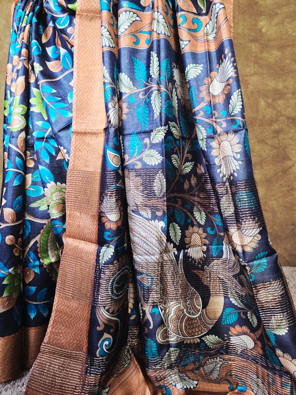 Handloom Silk Kalamkari Saree in Deep Navy & Earthy Tones – Artistic, Bold & Stylish