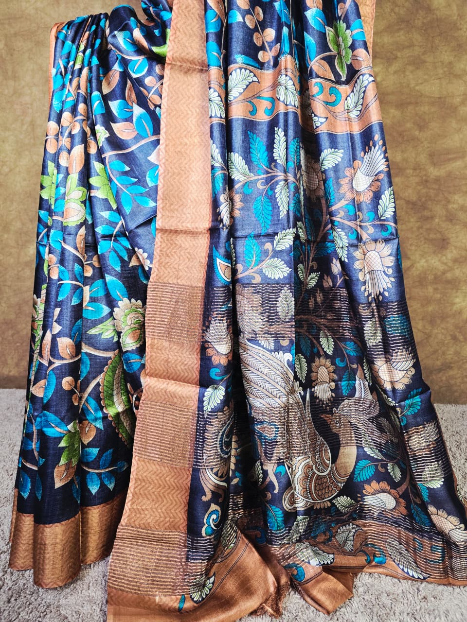 Handloom Silk Kalamkari Saree in Deep Navy & Earthy Tones – Artistic, Bold & Stylish