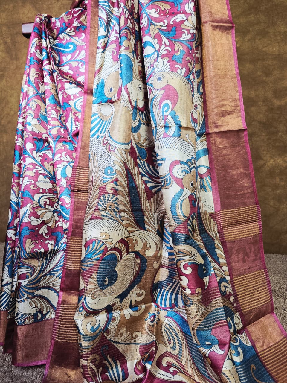 Art-Inspired Magenta-Blue Kalamkari Handloom Silk Saree