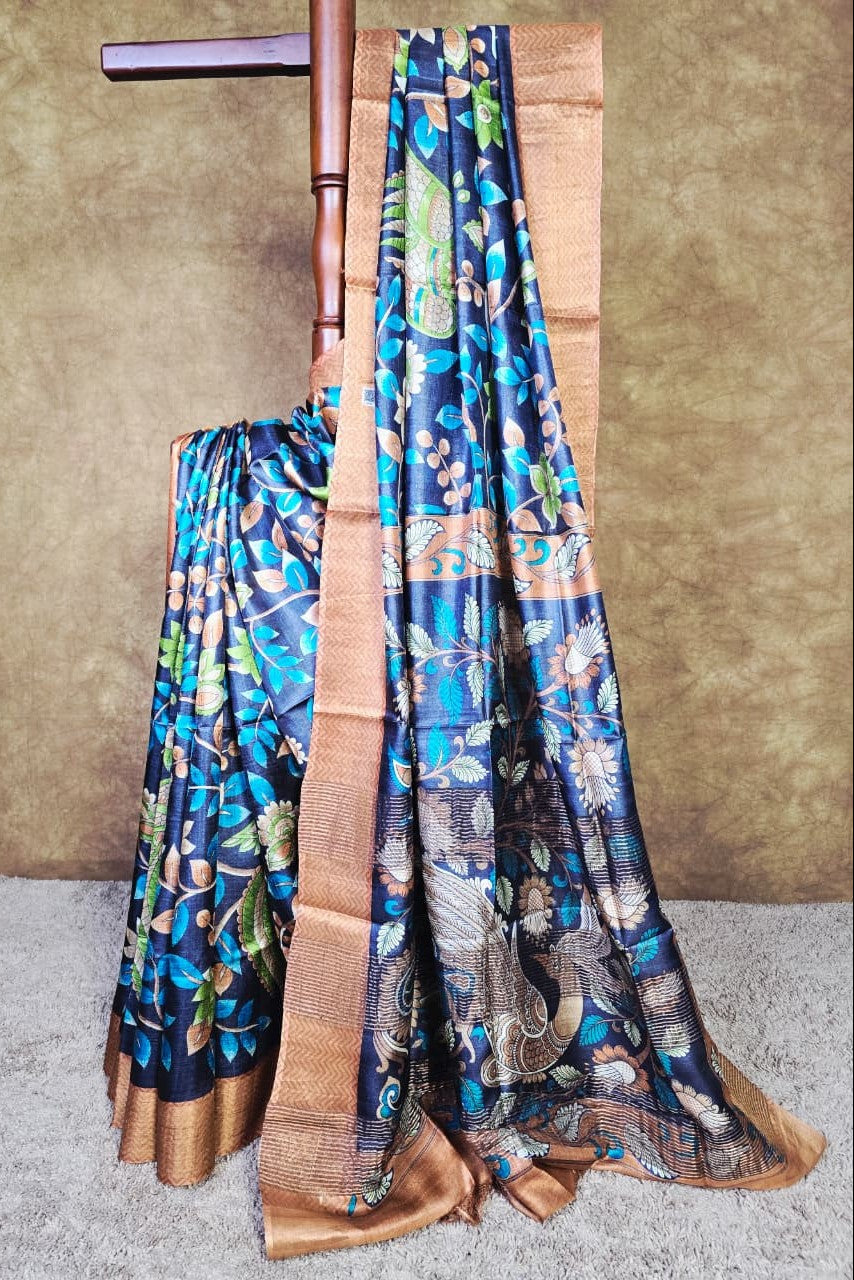 Handloom Silk Kalamkari Saree in Deep Navy & Earthy Tones – Artistic, Bold & Stylish
