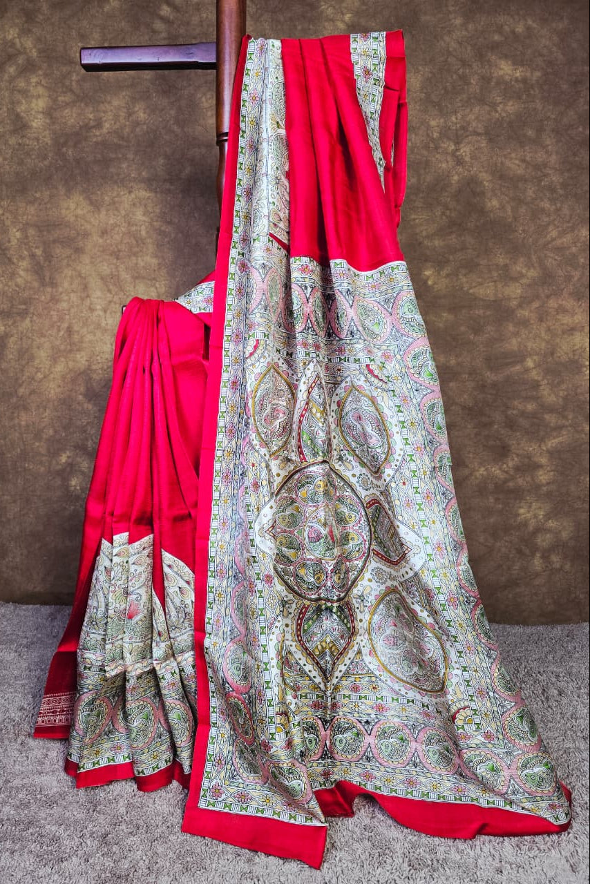 Vibrant Red Handloom Silk Saree with Artistic Hand-Painted Detailing