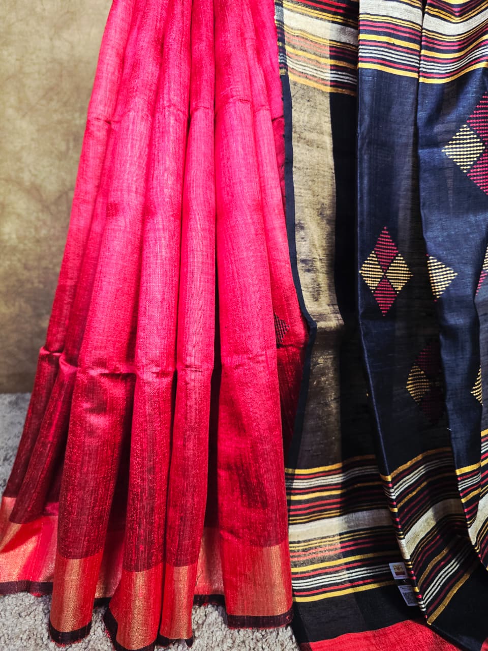 Handloom Silk Saree in Rich Red & Black with Intricate Hand Thread Work