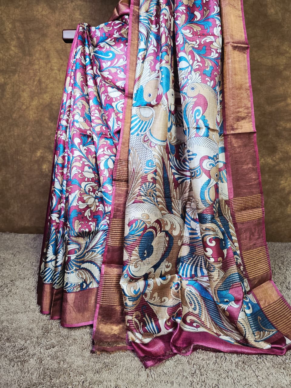 Art-Inspired Magenta-Blue Kalamkari Handloom Silk Saree