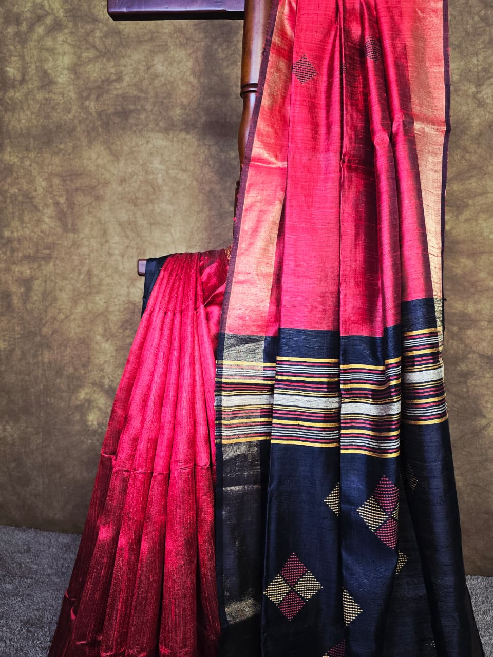 Handloom Silk Saree in Rich Red & Black with Intricate Hand Thread Work