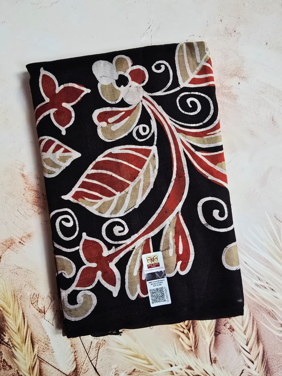 Handloom Silk with Hand Painted Batik Print Saree - Black & Beige Fusion