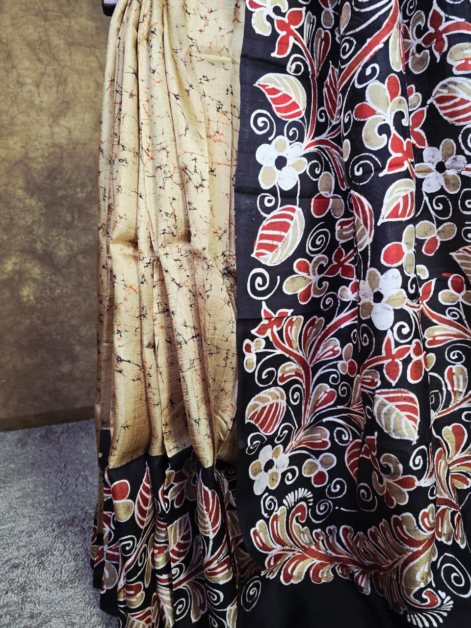 Handloom Silk with Hand Painted Batik Print Saree - Black & Beige Fusion