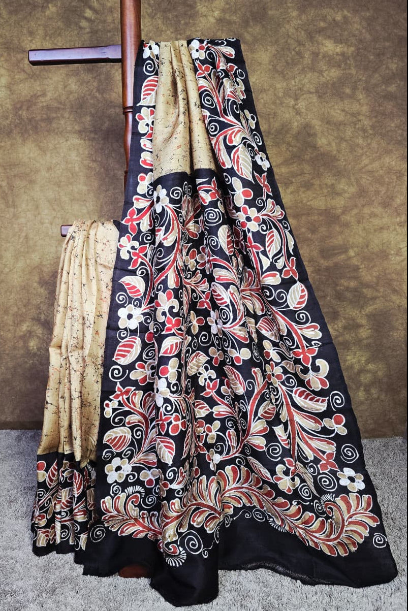 Handloom Silk with Hand Painted Batik Print Saree - Black & Beige Fusion