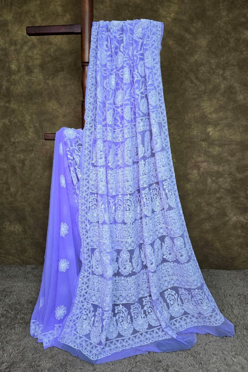 HASTWEAVE Lavender Chiffon Chikankari Saree