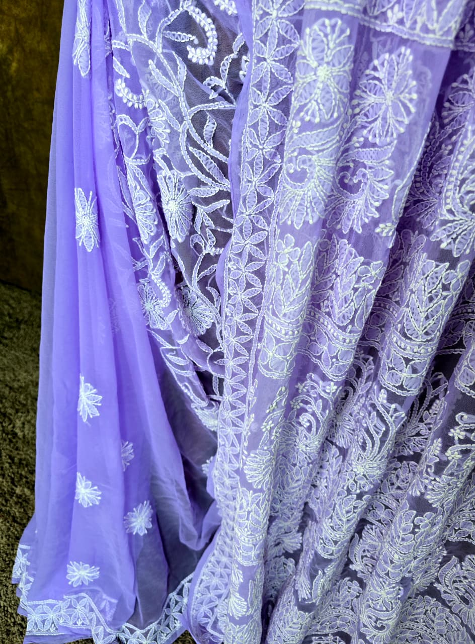 Lavender Chiffon  Lucknowi Chikankari Saree