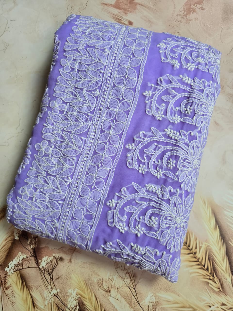 Handcrafted Lavender Chiffon Chikankari Saree 