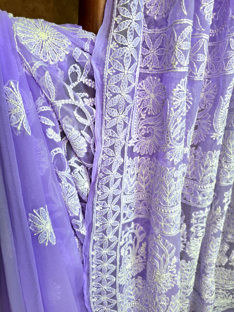 Handcrafted Lavender Chiffon Chikankari Saree
