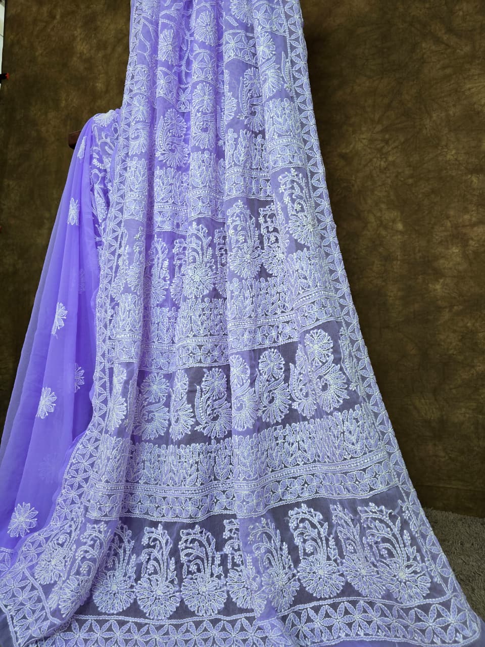 Lavender Chiffon Chikankari Saree - Hastweave