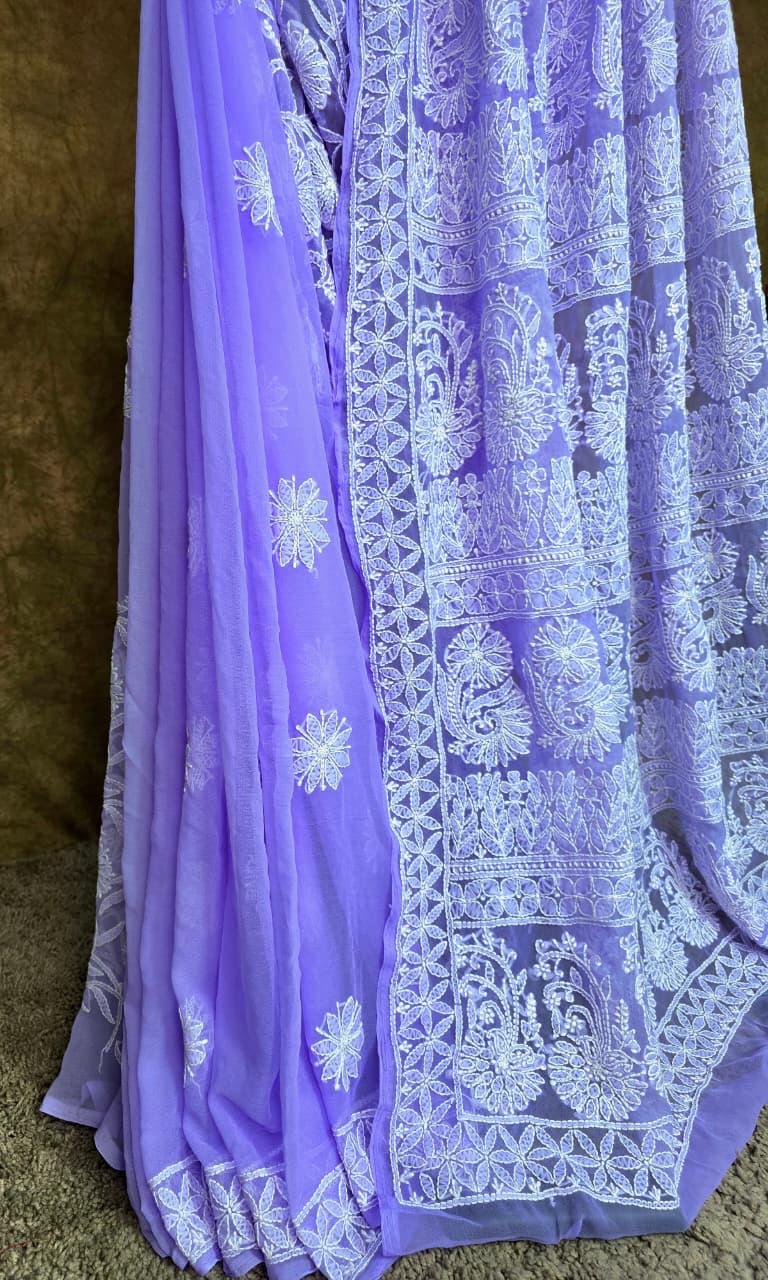 Lavender Chiffon Chikankari Saree - Pleats