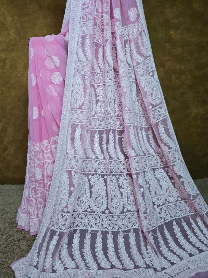 Blush Pink — Handcrafted Lucknowi Chikankari Chiffon Saree