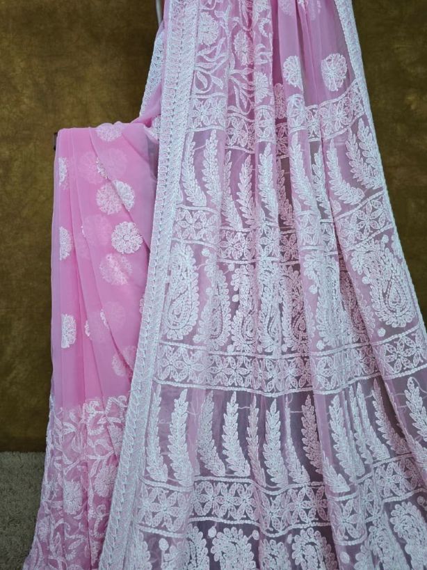 Blush Pink — Handcrafted Lucknowi Chikankari Chiffon Saree