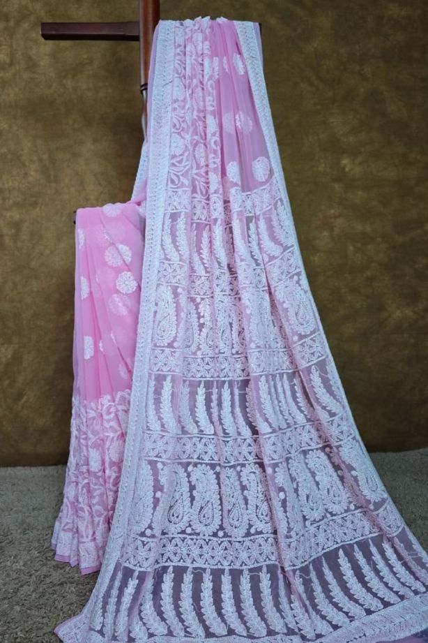 Blush Pink — Handcrafted Lucknowi Chikankari Chiffon Saree
