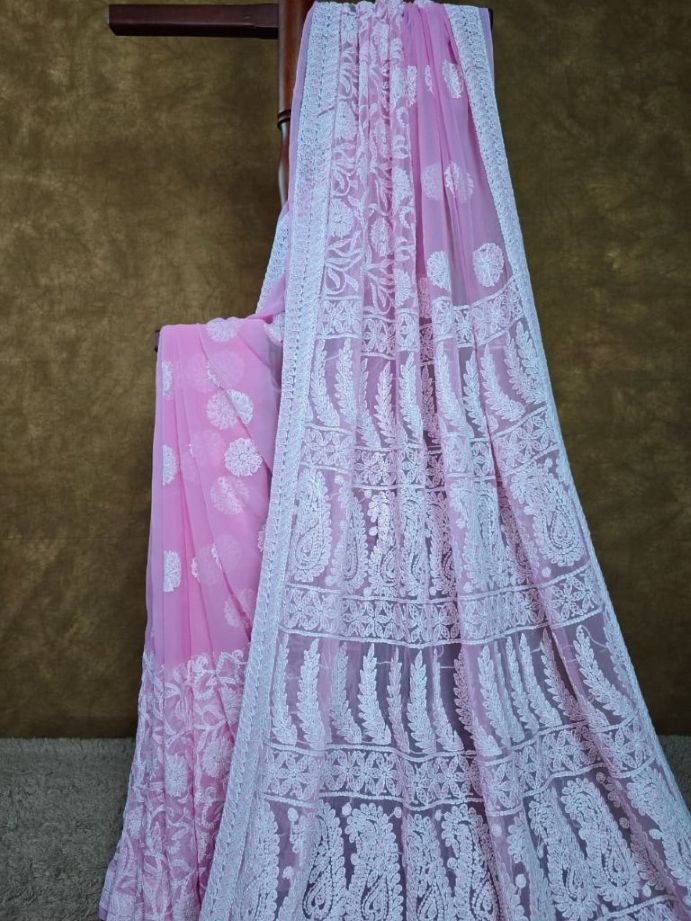Blush Pink — Handcrafted Lucknowi Chikankari Chiffon Saree