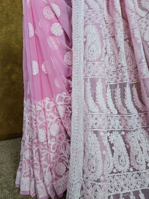 Blush Pink — Handcrafted Lucknowi Chikankari Chiffon Saree