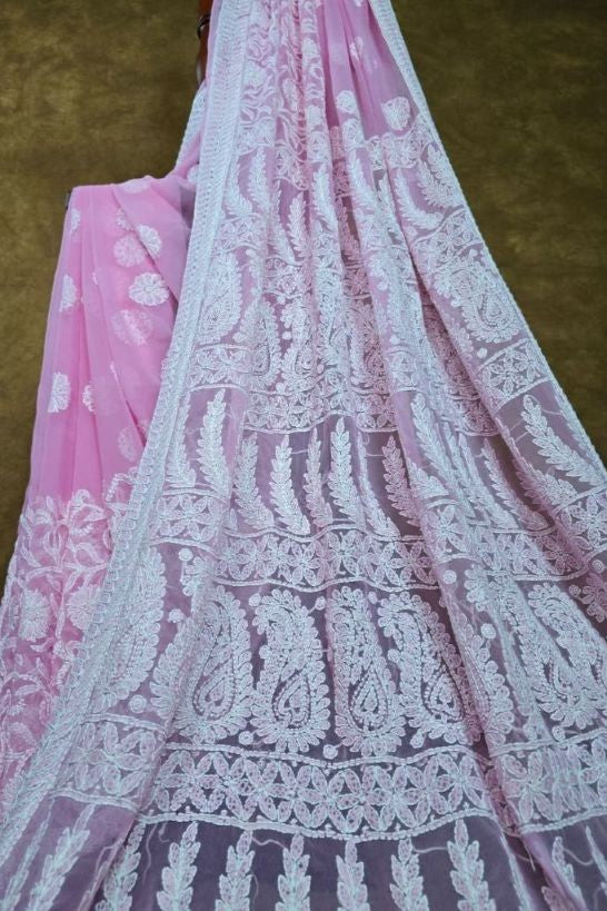 Blush Pink — Handcrafted Lucknowi Chikankari Chiffon Saree