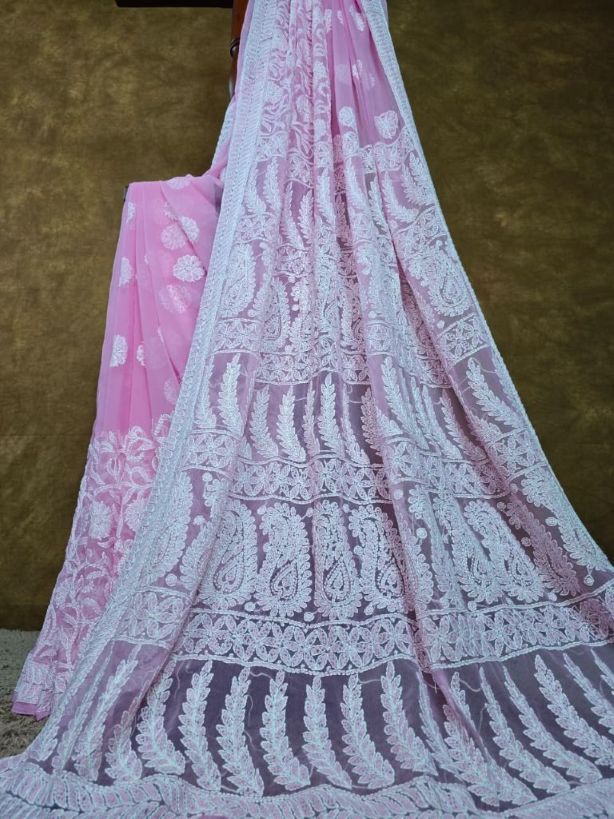 Blush Pink — Handcrafted Lucknowi Chikankari Chiffon Saree