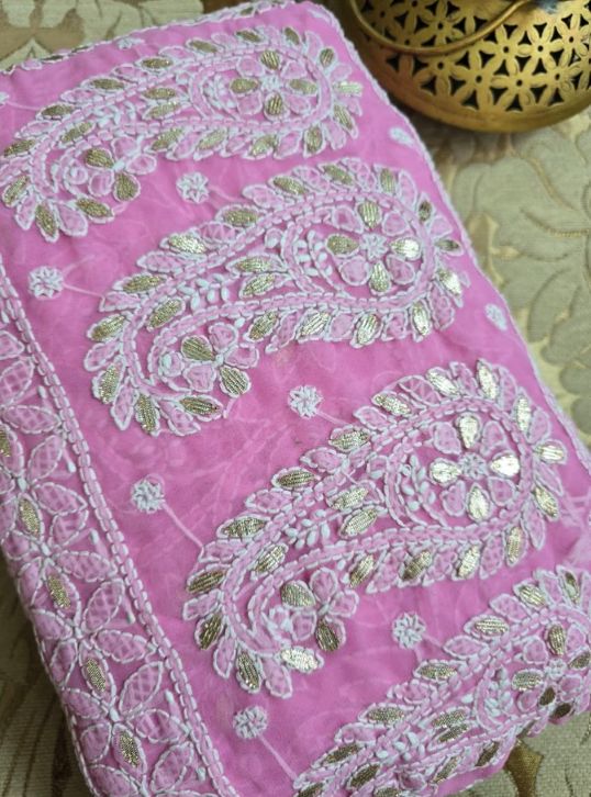 Powder Pink Chiffon Chikankari Saree with Gota Patti
