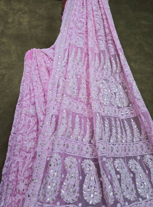 Powder Pink Chiffon Chikankari Saree with Gota Patti