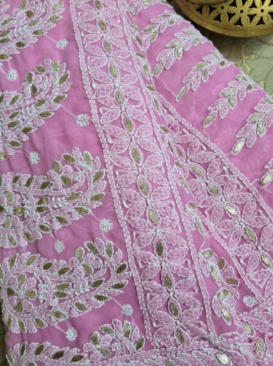 Powder Pink Chiffon Chikankari Saree with Gota Patti