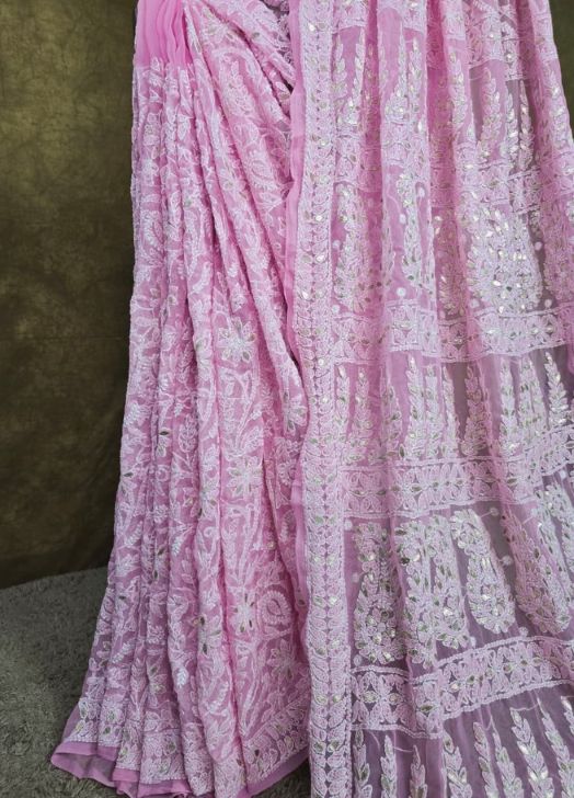 Powder Pink Chiffon Chikankari Saree with Gota Patti