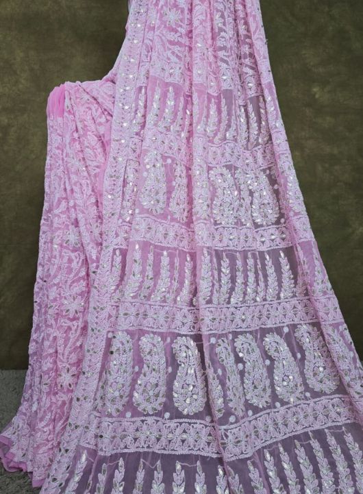 Powder Pink Chiffon Chikankari Saree with Gota Patti