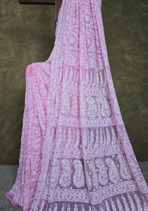 Powder Pink Chiffon Chikankari Saree with Gota Patti