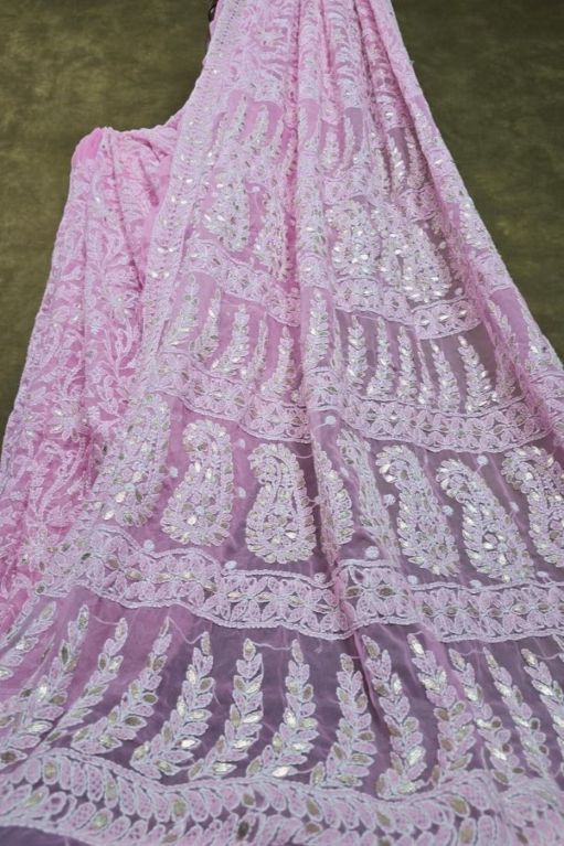 Powder Pink Chiffon Chikankari Saree with Gota Patti
