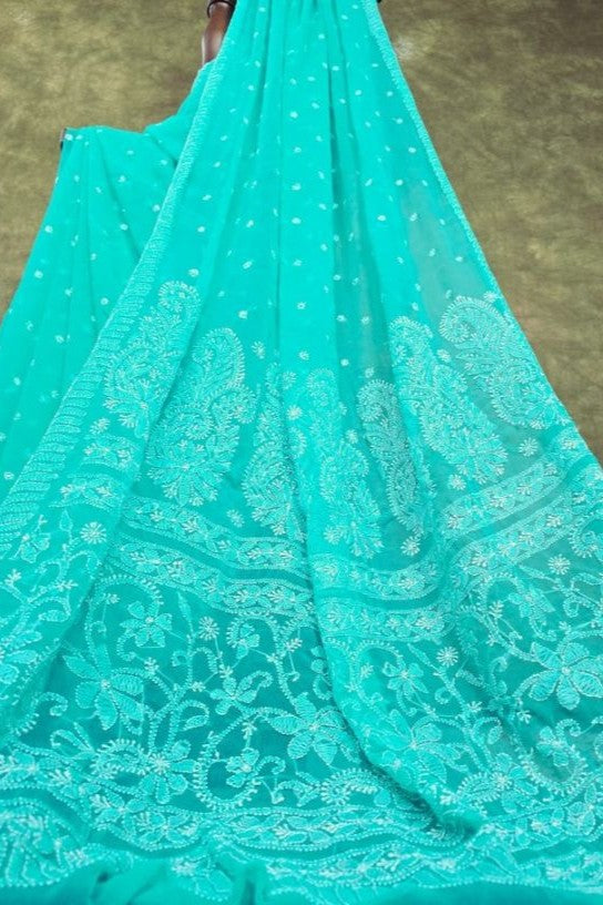 Sea Green Chikankari Resham Threadwork Saree