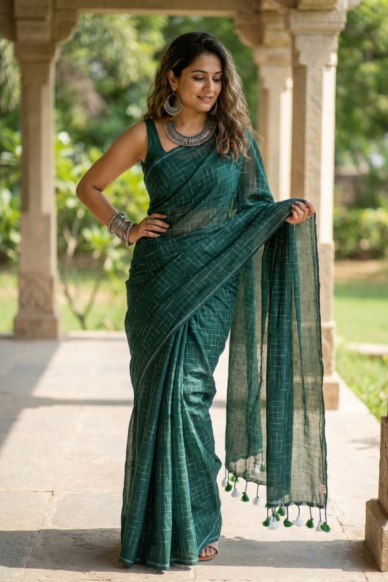 Forest Green Handloom Cotton Saree with Contemporary Lines