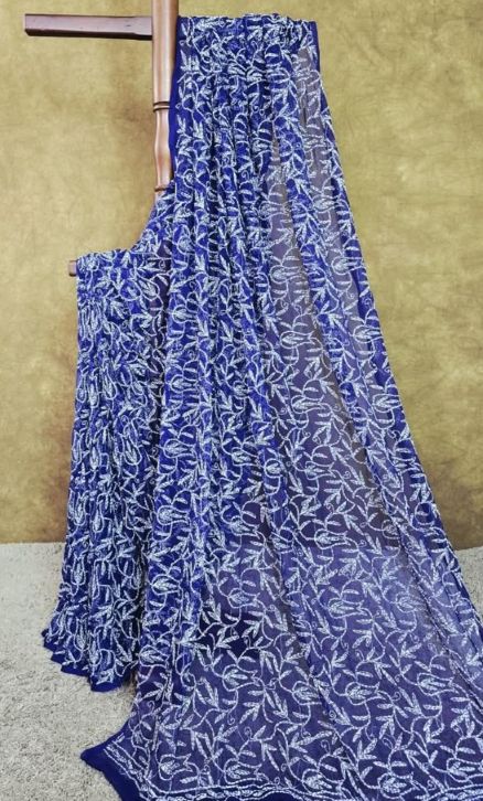 Navy Blue Chiffon Tepchi Chikankari  Saree