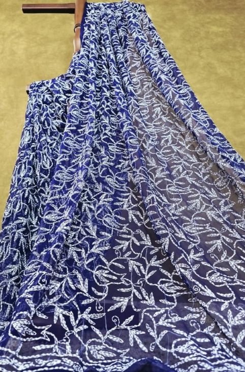 Navy Blue Chiffon Tepchi Chikankari  Saree