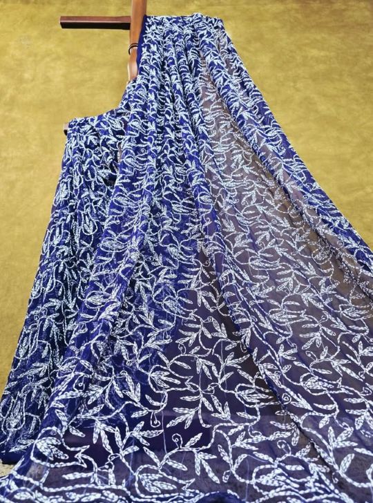 Navy Blue Chiffon Tepchi Chikankari  Saree